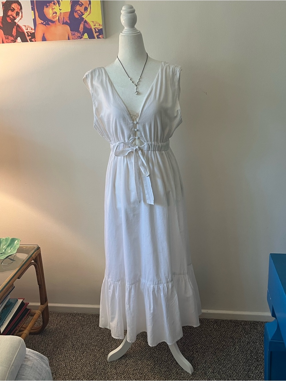 White Sleeveless Midi Dress with Tie Waist